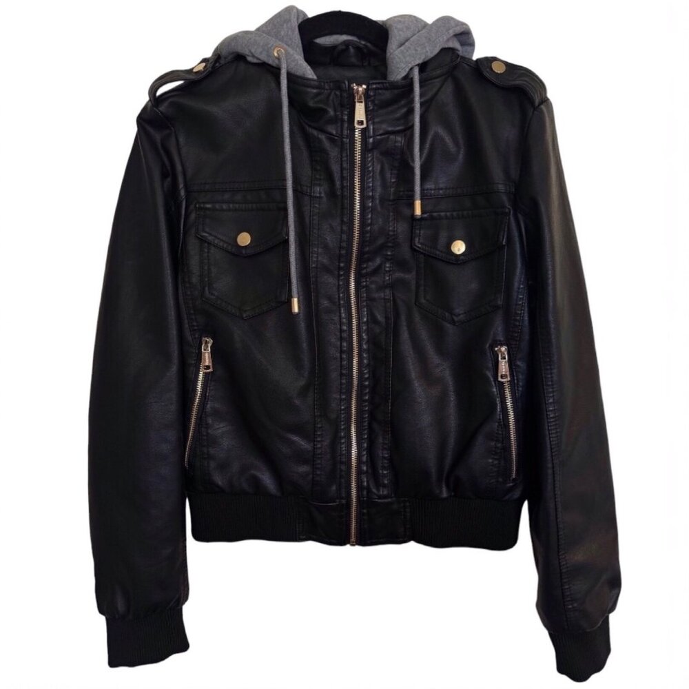 NEW Wantdo Black & Gray Faux Leather Bomber Moto Jacket w/ Removable Hood Size S